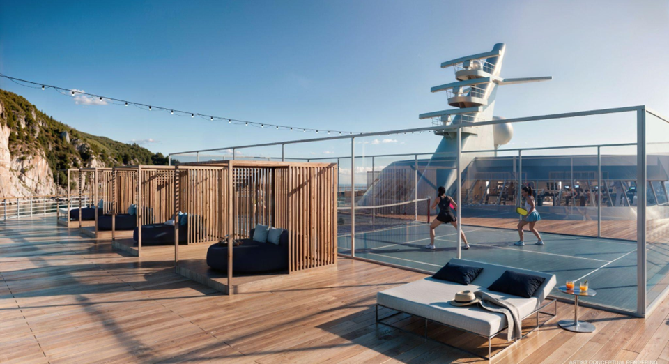 Residents enjoying pickleball and ocean views on the open deck of the luxury residential cruise ship