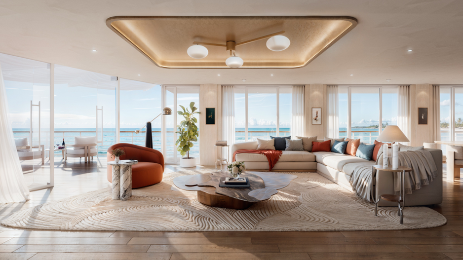 Spacious ocean-view living room designed for comfort and elegance on luxury residential cruise ship