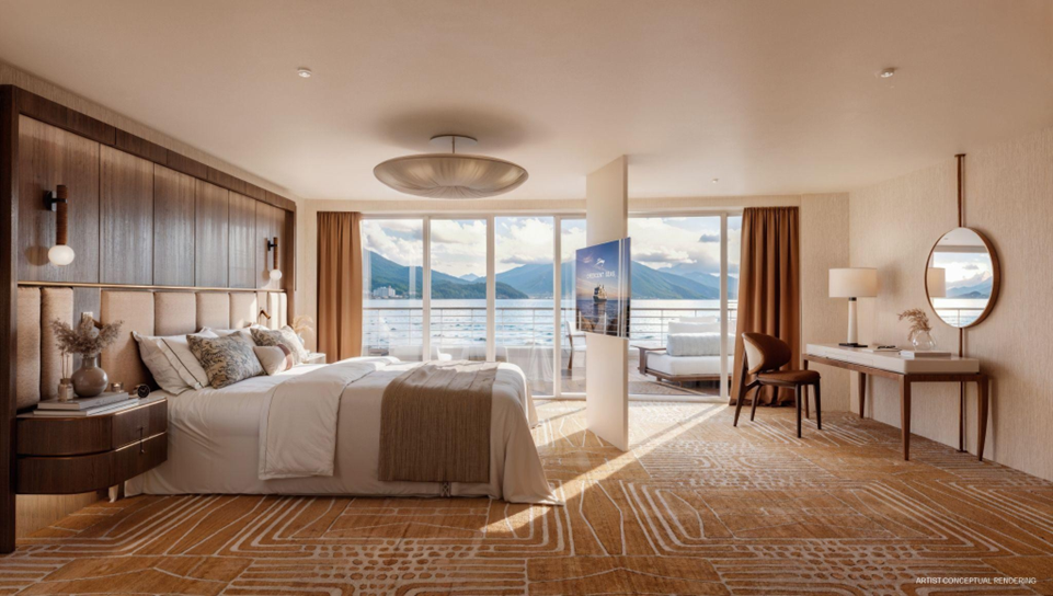 Elegant oceanfront suite aboard Navigator, a luxury residential cruise ship for modern living at sea